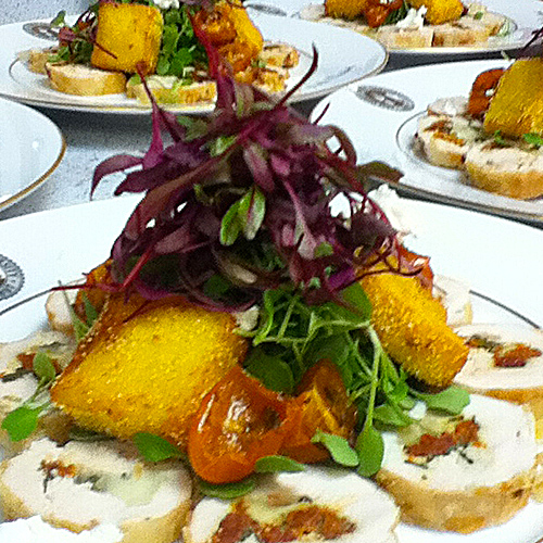 Chicken Roulade Salad with Polenta Croutons and Micro