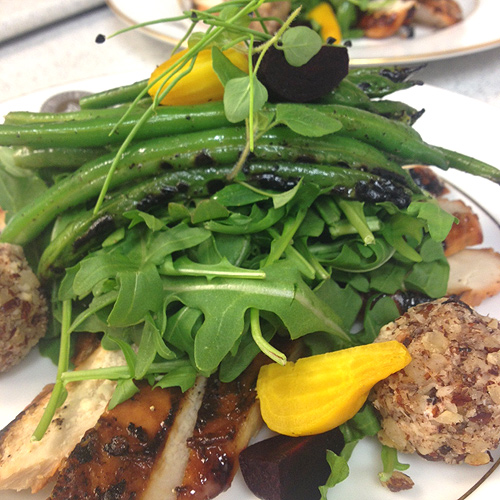 Grilled Green Bean and beet salad with chicken and hazelnut goat cheese fritters
