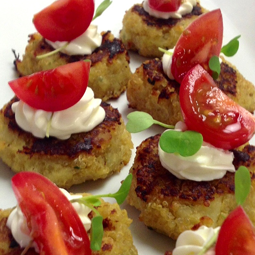 Quinoa Sweet Potato Cakes with Creme Fraich Cherry Tomatoes and Micro-Basil